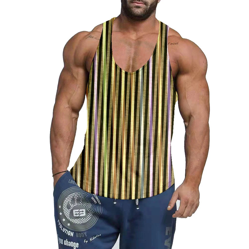 

Мужской спортивный жилет большого размера, разноцветный спортивный жилет в полоску с 3D-принтом, в европейском и американском стиле, 2022