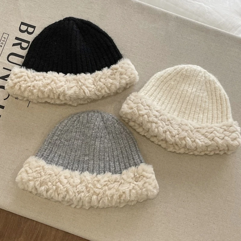 

Female Plush Hat Knitting Beanie Hat Handmade Crochet Contrast Color Warm Hat Women Girl Photo Bucket Hat Windproof Cap