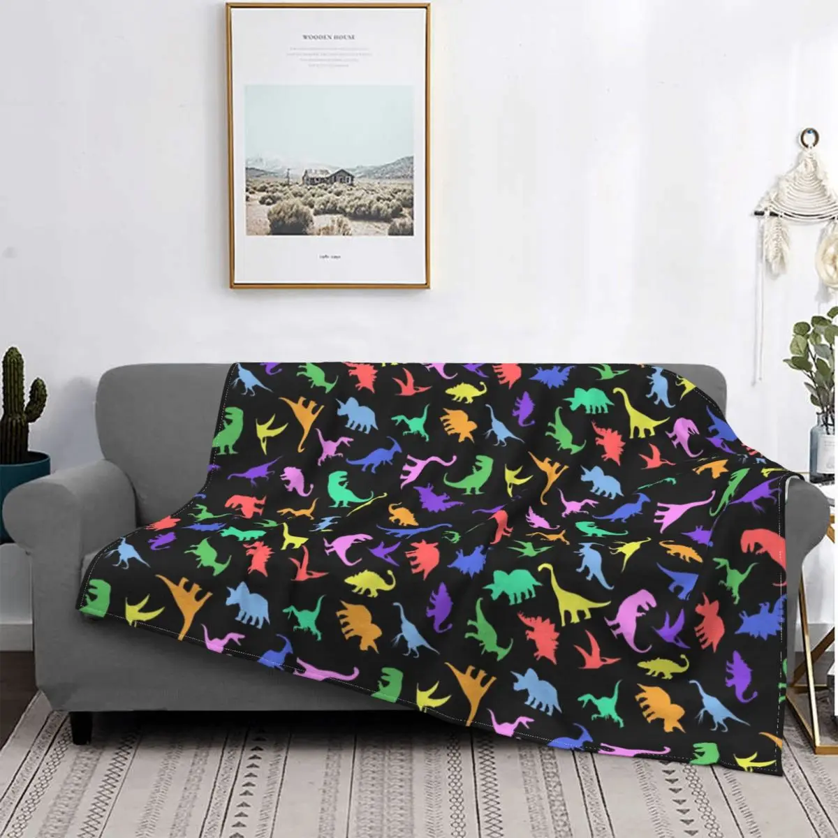 

Fun Dinosaur Pattern Black Background Blanket Fleece Warm Throw Blanket for Bedding Couch Bedspread