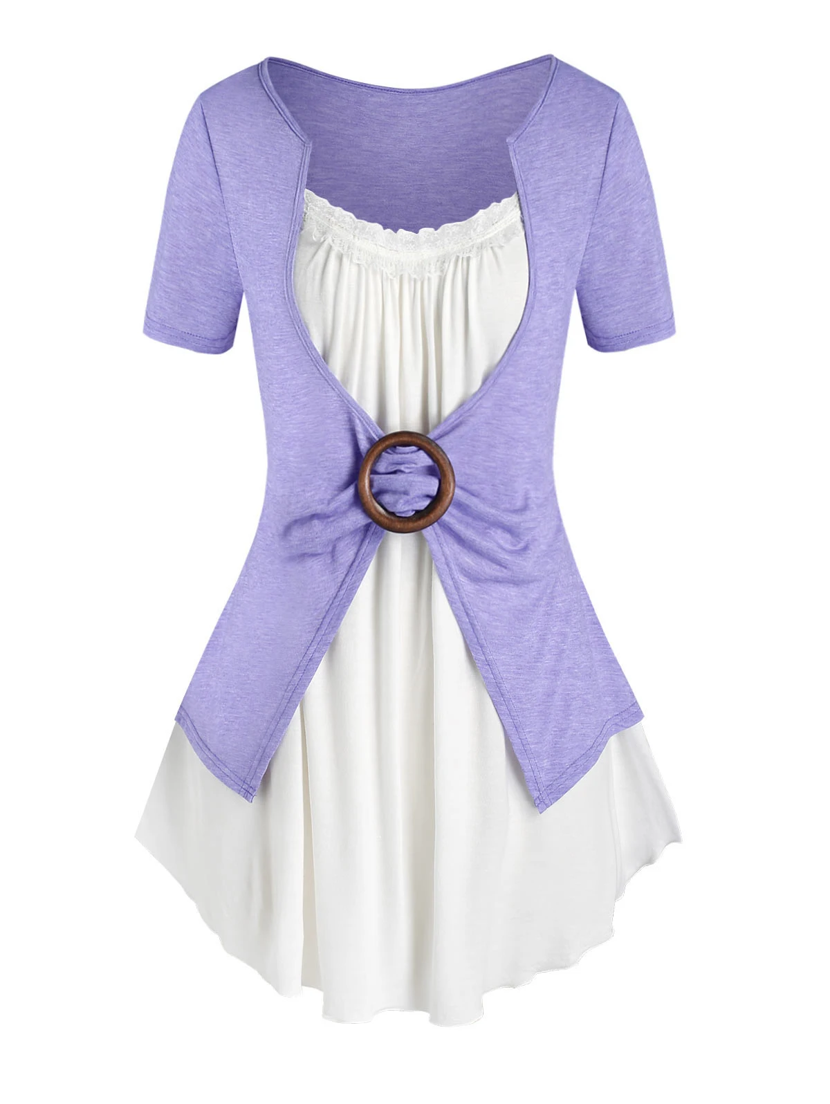 

Женский комплект из двух предметов ROSEGAL, футболка 5XL, двухцветная, с рюшами, кружевной вставкой, с круглым подолом, женская блузка с коротким ...