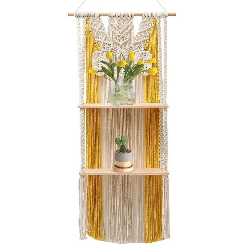 

Hand-Woven Macrame Hanging Planter Basket Wooden Shelves Bohemian Style 2 Layers Rack Wall Hanging Tapestry Home Room Decor