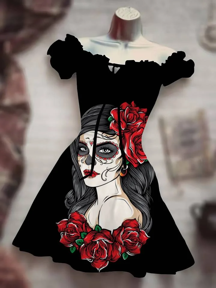 

Summer New Women Dress Funny Horror Skeleton 3D Print Hip Hop Ladies Dress Fashion Casual Everyday High Street Style Wear
