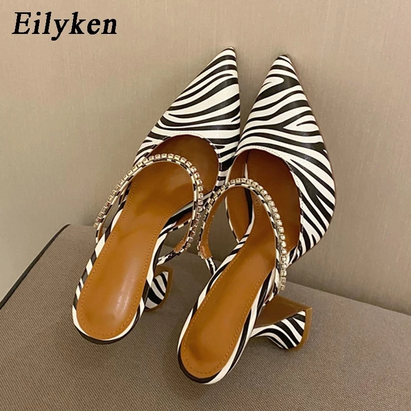 Eilyken Zebra Pointed Toe Women Pumps Fashion Crystal Slingback High Heels Sandals Strange Style Wedding Bride Shoes