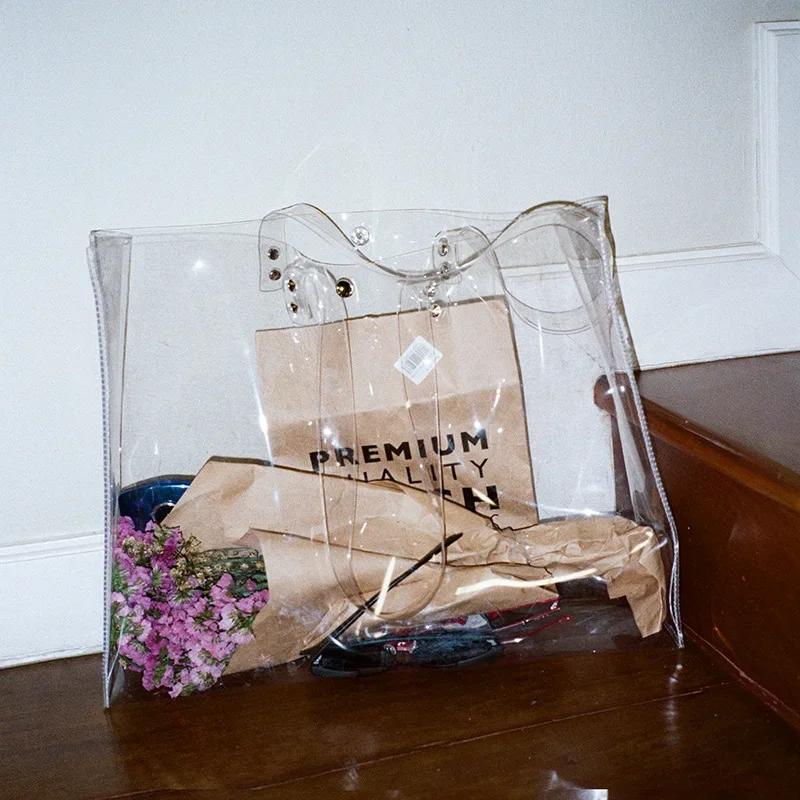 

Hot Sale Transparent PVC Handbag Hologram beach Shoulder bag Women Personality Jelly Tote Female Fashion Plastic Clear Bag Funny