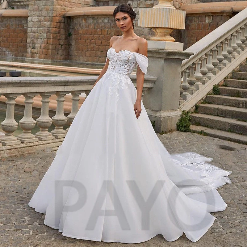 

Luxury Wedding Dress Off The Shoulder Exquisite Appliques V-Neck A-Line Princess Mopping Gown Vestido De Novia For Women