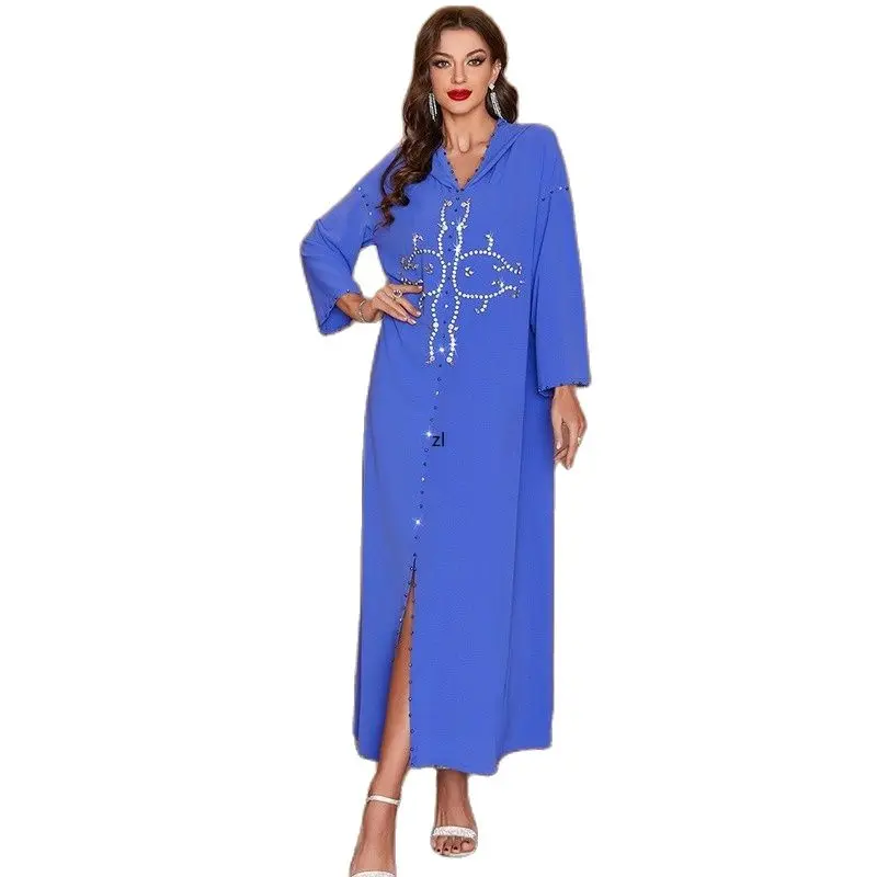 Muslim Dress Ramadan Blue Hand-sewn Diamond Abstract Flower Pattern Moroccan Style Dress With Hood Middle Eastern 2022 New