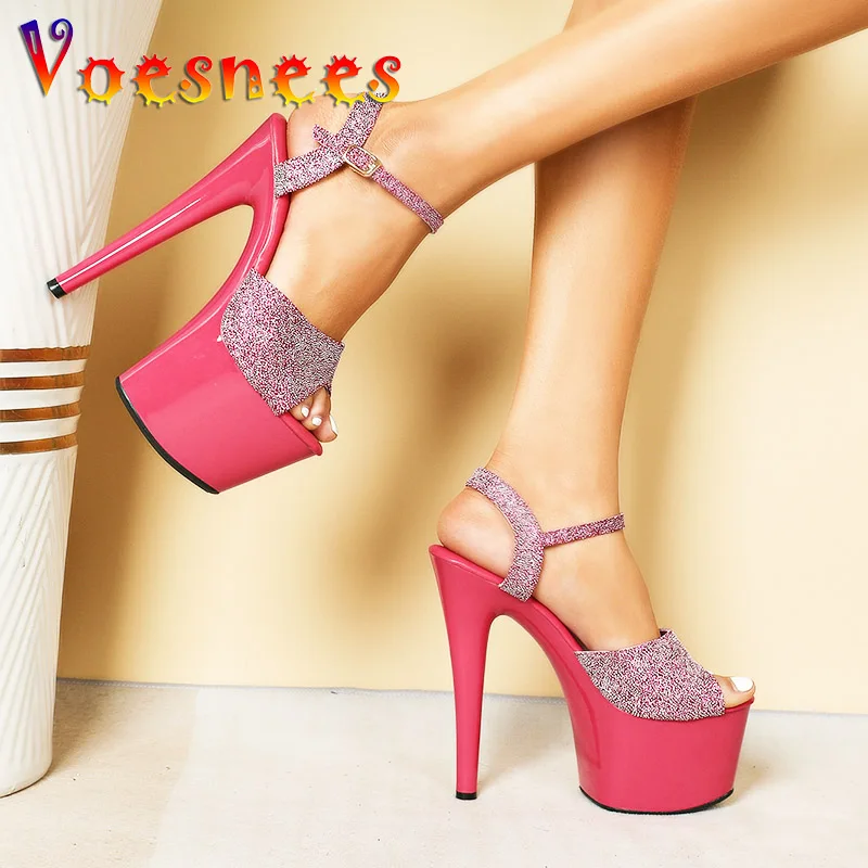 

Comfortable Patent Leather Sequin Women's Shoes Stage Performance High Heels Summer Sandals 17CM Nightclub Pole Dancing Pumps
