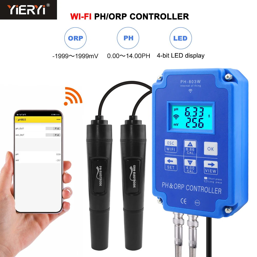 Yieryi Digital Aquarium Wif pH Tester ORP Redox Meter wifi Output  Relay pH Orp Monitor for Water Quality EU/US Plug