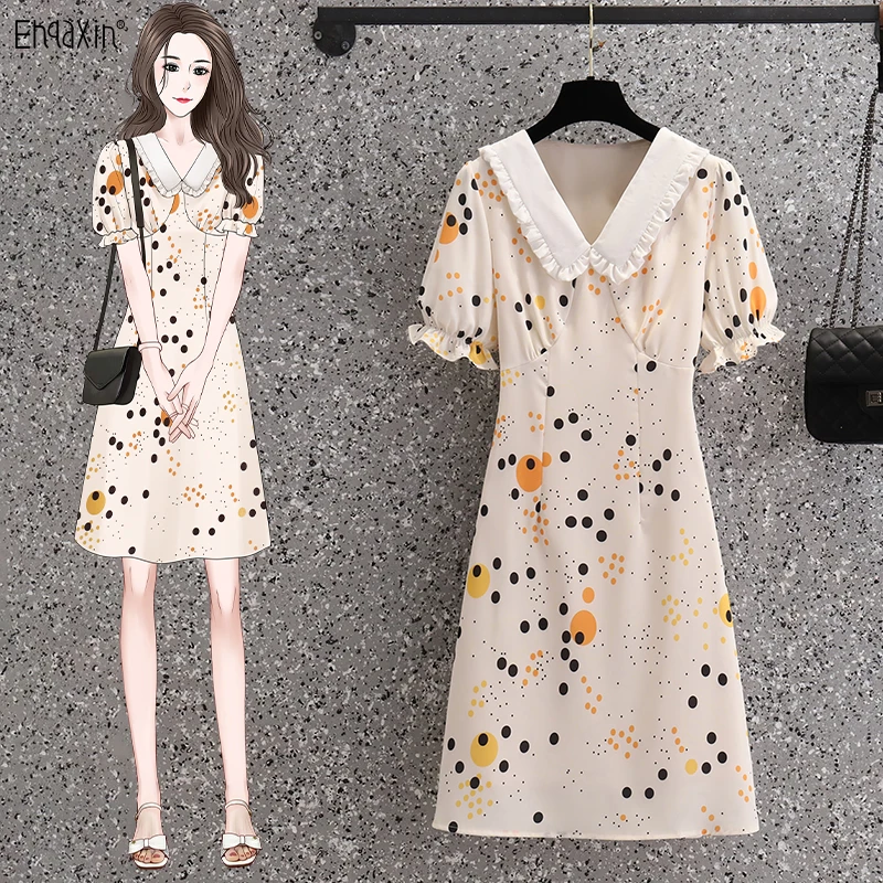 

EHQAXIN Summer New Ladies Dress 2022 Fashion Temperament Korean Version Doll Collar Wave Point A-Line Dresses Female M-4XL
