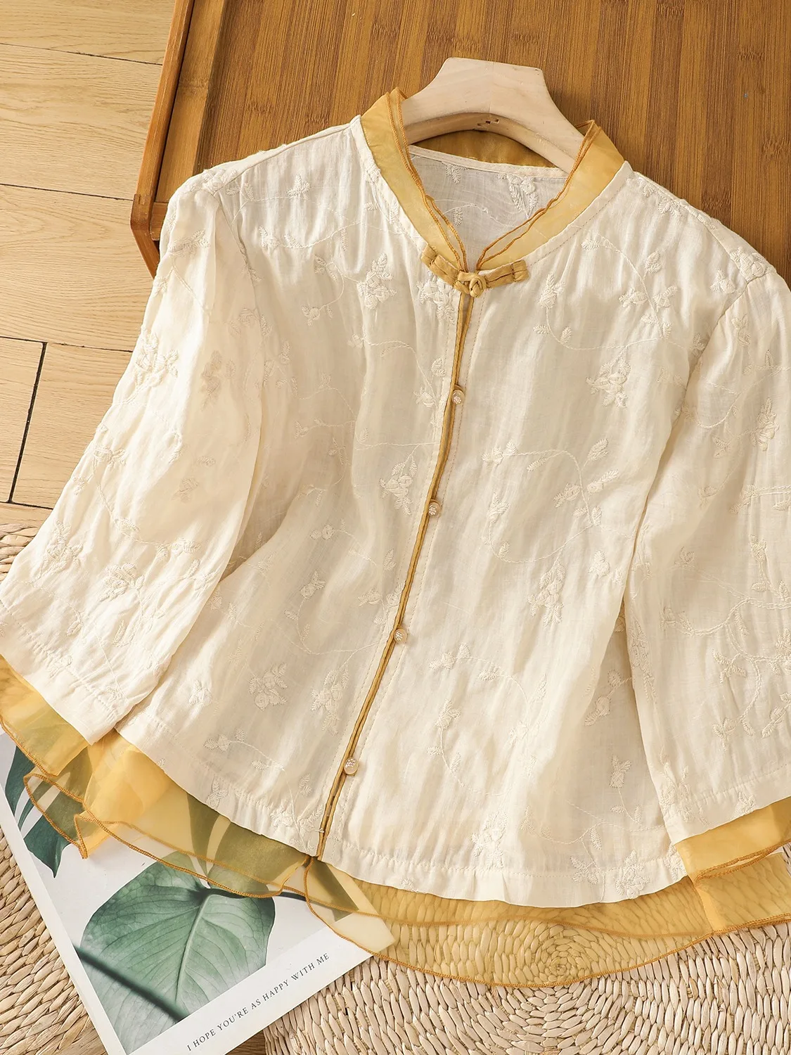 Рубашка женская с вышивкой из хлопка и льна Элегантная сорочка органзы рукавом