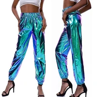 casual sports street hip hop party jogging pants ladies shiny symphony trousers laser loose pants high waist elastic trousers