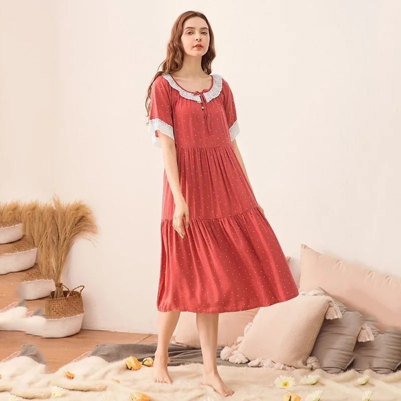 Spring Nightgowns for Women Cotton Floral Lace Short Sleeve Summer Comfort Nightdress New Spring Home Dressing Gown for Sleeping