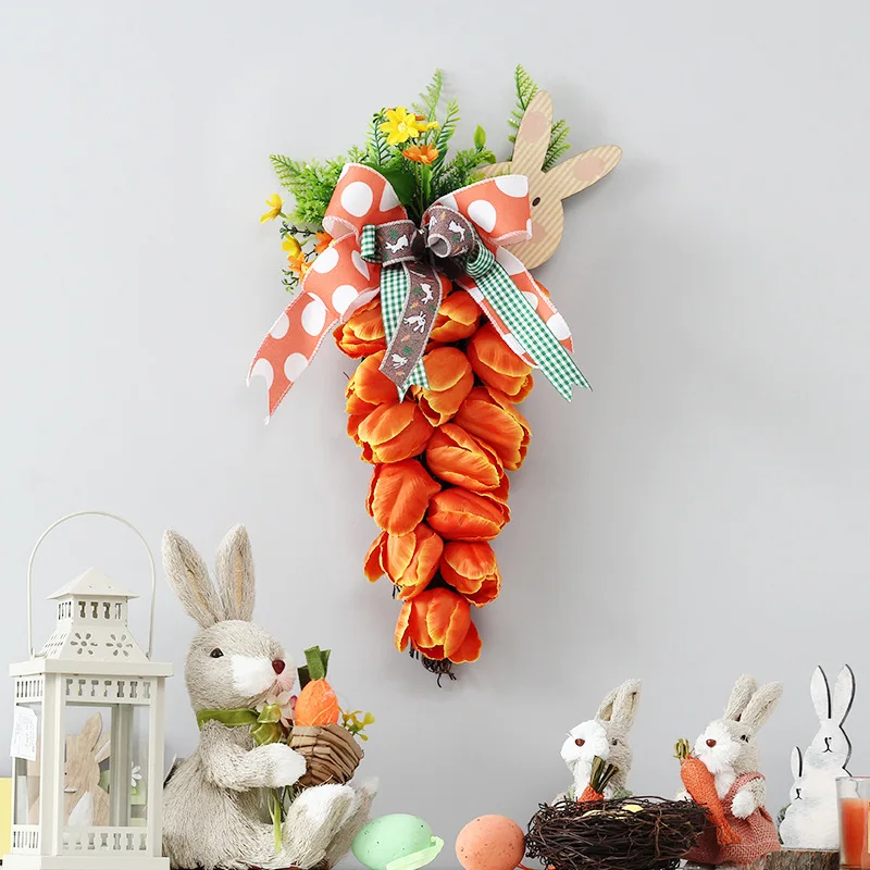 

Happy Easter Decorative Wreath 2023 Artificial Tulip Carrot Garland Hanging Rabbit Flower for Front Door Wall Easter Decorations