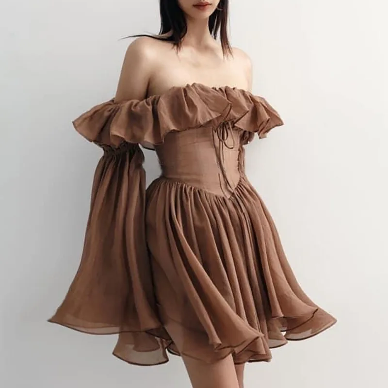 

Женское винтажное мини-платье в стиле бохо, элегантное Хлопковое платье с оборками и открытыми плечами в богемном стиле, одежда для отпуска ...