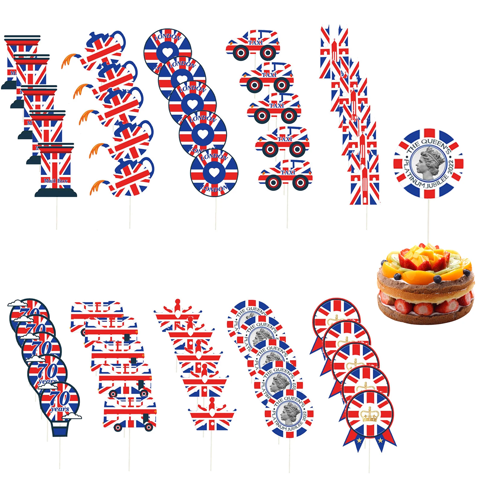 

2022 Queen's Jubilee Party Cupcake Decoration Queen's Jubilee Cake Toppers Union Jack Flag Great Britain Patriotic Cake Picks