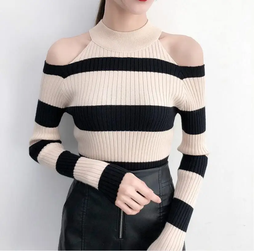 Пуловер женский полосатый с открытыми плечами на весну/Осень/зиму | Пуловеры