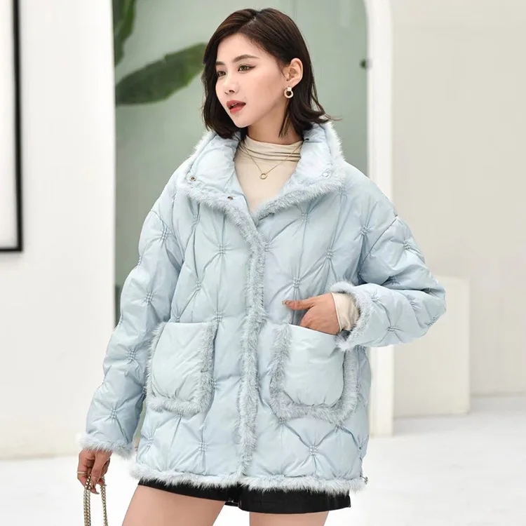 

Down Jackets Coats For Women Winter Fashion Mink Fur Stitching 90% White Duck Down Jackets Loose Stand Collar Snow Puffer Coat
