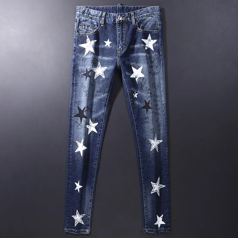 Street Fashion Men Jeans Retro Blue Elastic Printed Skinny Ripped Jeans Men Stars Painted Designer Hip Hip Brand Pants Hombre