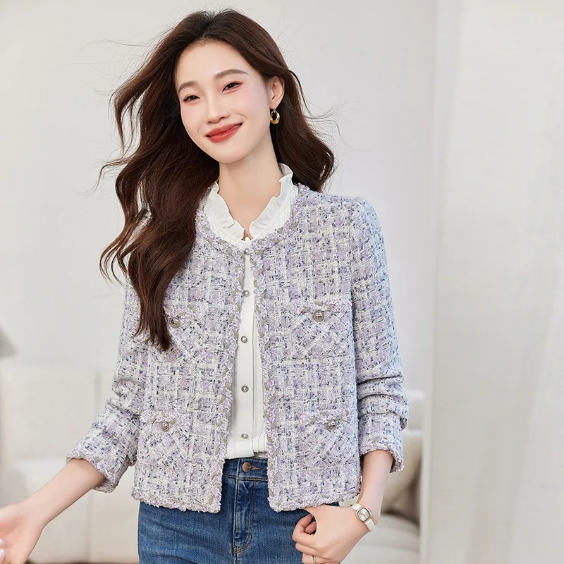 Фиолетовая женская короткая куртка из грубого твида с круглым вырезом новинка 2024