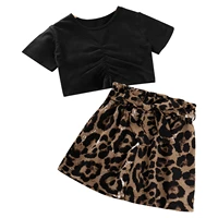 kids girls short sleeve shorts stylish set clothing round neckline ruched top with elastic waistband bowknot waist leopard short