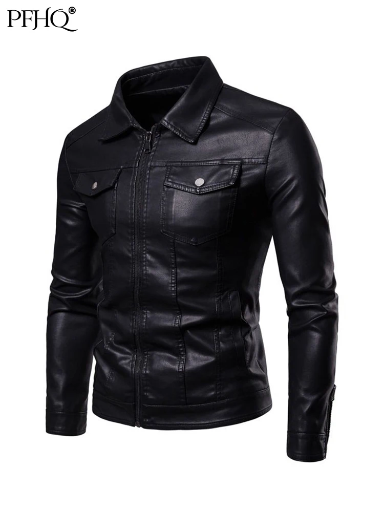 

PFHQ 2023 Autumn Spring Men's Leather Jacket Neck Lapel Motorcycle Casual New Trendy Faux Clothes Fashion Free Shipping 21Q2621