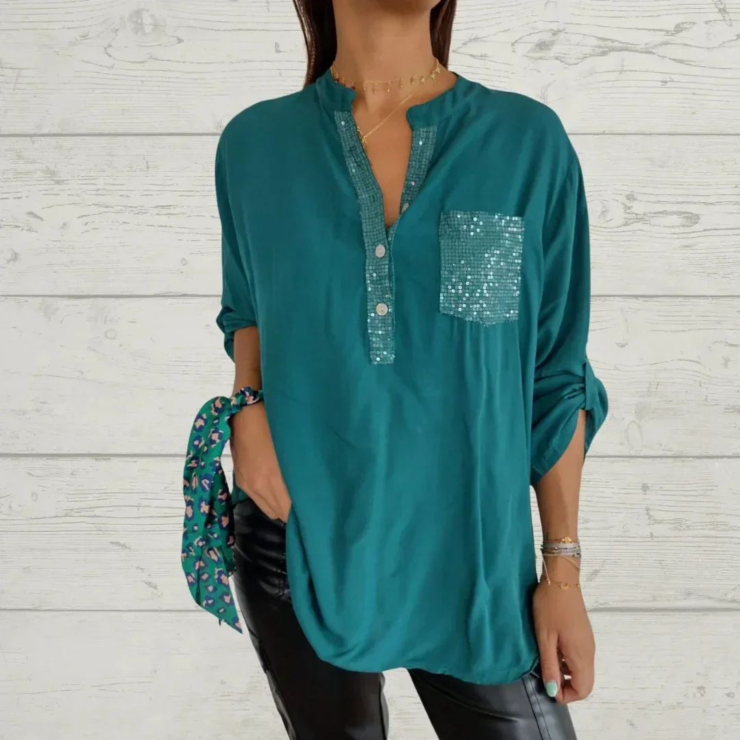 Женская хлопковая блуза с V-образным вырезом и блестками средней длины