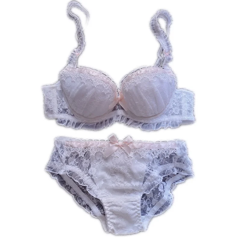 Japanese Cute Women's Underwear Set Lace Sexy Push Up Bra And Panty Embroidery Plus Size Lingere Femme White Bra Panties Thong
