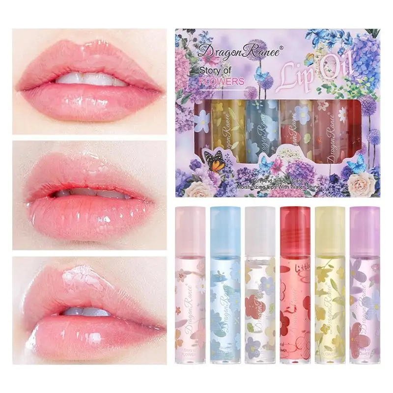 

Hydrating Lip Oil Set Flower Hydrating Lip Glow Oil 6PCS Lip Glow Balm Lip Care Long Lasting Nourishing Tinted Lip Gloss For