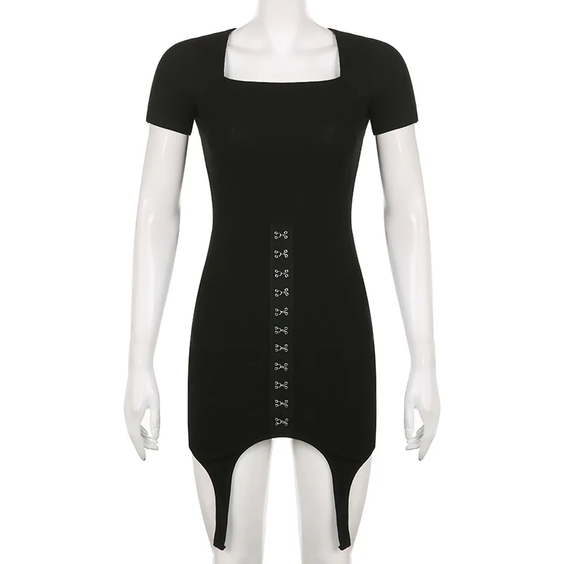 

Irregular Hem Buckle Design Slim Bag Hip Solid Color Waist Thin Dress