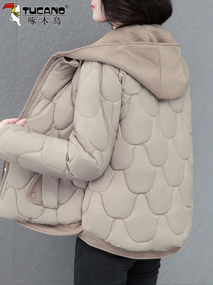 Woodpecker Black down Jacket Cotton-padded Clothes Female Outwear Winter 2024 New Hood Warm Cotton-Padded Coat Small