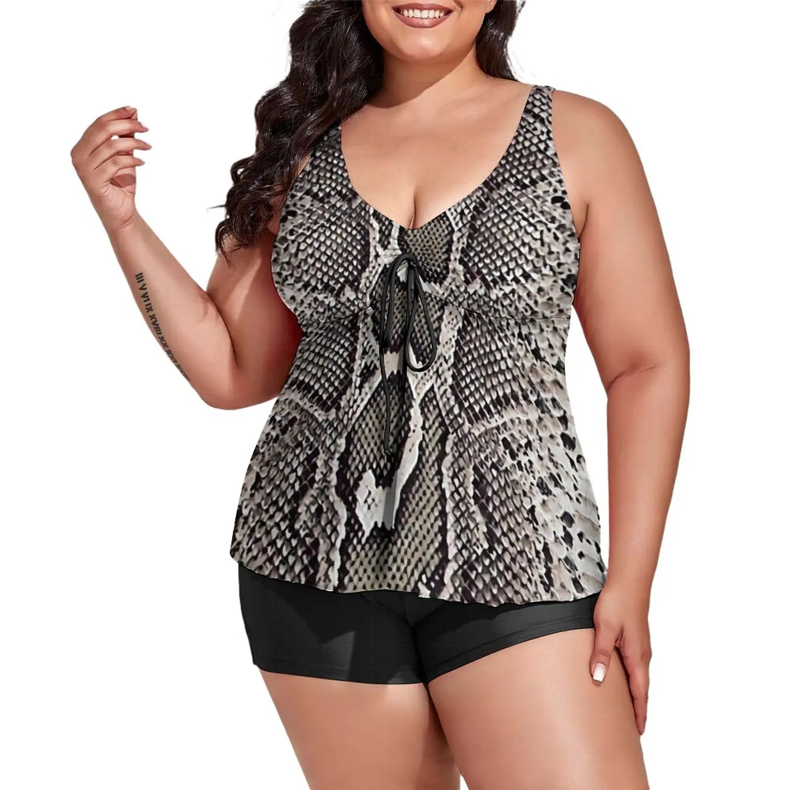 

Faux Snakeskin Tankini Swimsuit Funny Animal Print Classic Swimwear Pattern Swimsuits Women High Waist Rave Beach Wear