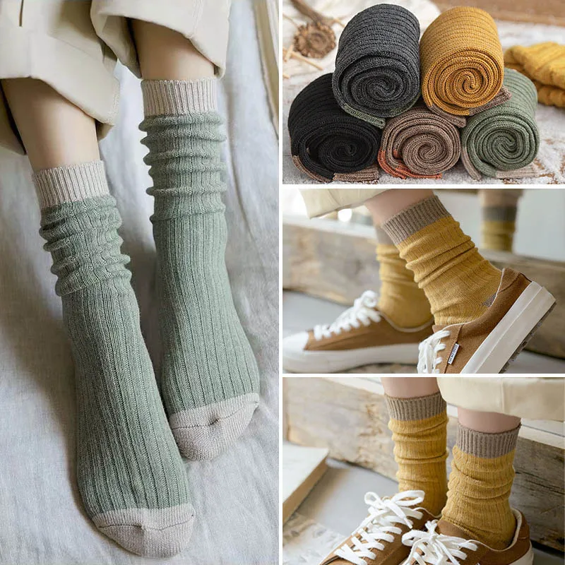 Organic Cotton Woman Girl Short Socks Thick Loose Breathable Vintage Young Casual Striped Harajuku Warm Socks High Quality