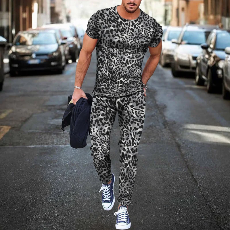 Men's Summer Jogging Suit Short Sleeve T-Shirt Sports Trousers 2-Piece 3D Print Gold Lines Geometric Plaid Luxury Suit Home Wear