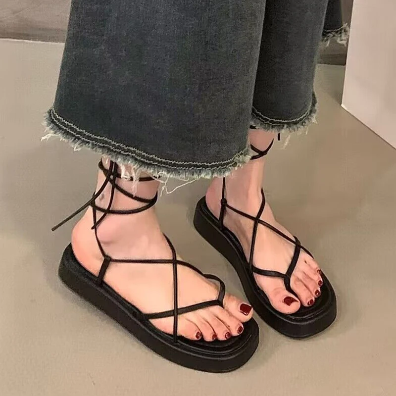 

Flats Platform Fad Lace-up Sexy Women Open toe Sandals Slingback Shoes 2023 Summer New Trend Casual Thick Women Slippers Slides