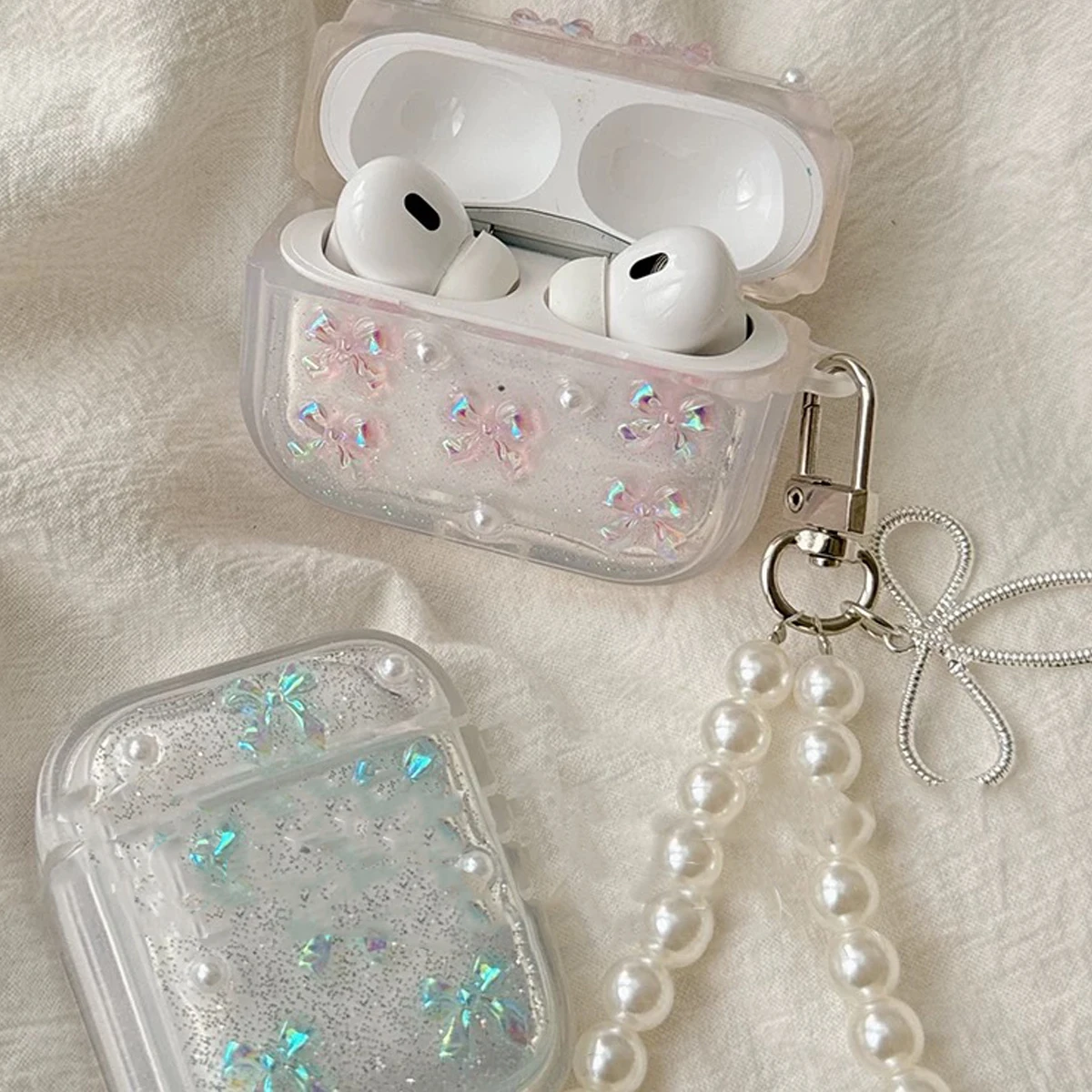 Прозрачный защитный чехол с жемчужным бантом и цепочкой для наушников Apple AirPods Pro