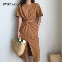 2022 women summer cotton bodycon vintage long dress female short sleeve bandage vestidos split dresses