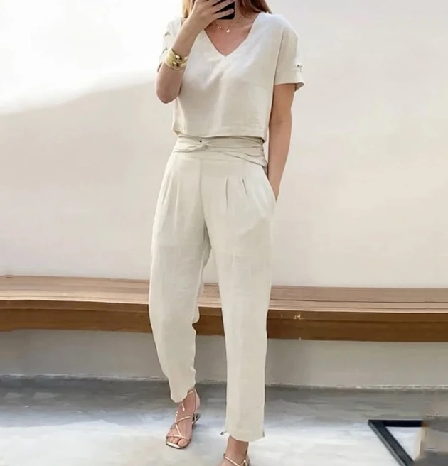 

Casual 3/4 Sleeves Loose Fitting Pockets Solid Color Pantsuits 2023 New Women Fashion Two-Piece Set Temperament Commuting Style