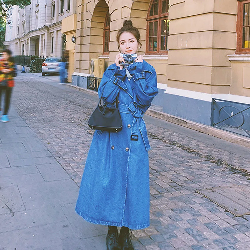 

Vintage Women Long Denim Trench Coat 2022 Autumn Double Breasted Long Sleeve With Belt Casual Notched Collar Female Windbreaker
