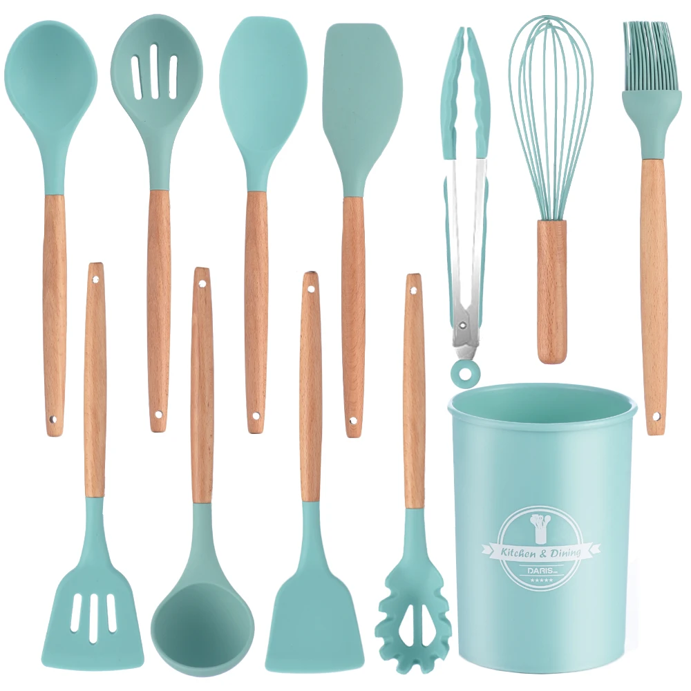

Набор силиконовых кухонных принадлежностей, антипригарные термостойкие аксессуары с деревянной ручкой, контейнер для хранения