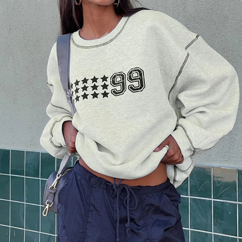 

Star Number Print Crewneck Sweatshirt Women Casual Loose Pullover Top Streetwear Autumn Winter Y2k Clothes Oversized Sweatshirts