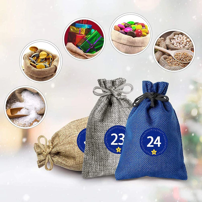 

24 Pcs Candy Biscuit Bag Tricolor Linen Pocket Drawstring Gift Suit Christmas Party Wedding Favors And Gifts Packaging