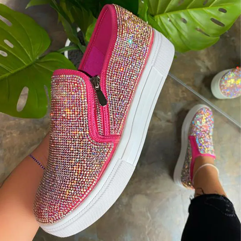 2021 Women Flat Loafers Woman Shinning Crystal Rhinestone Female Autumn Big Size Platform Women's Design Slip On Shoes - купить по