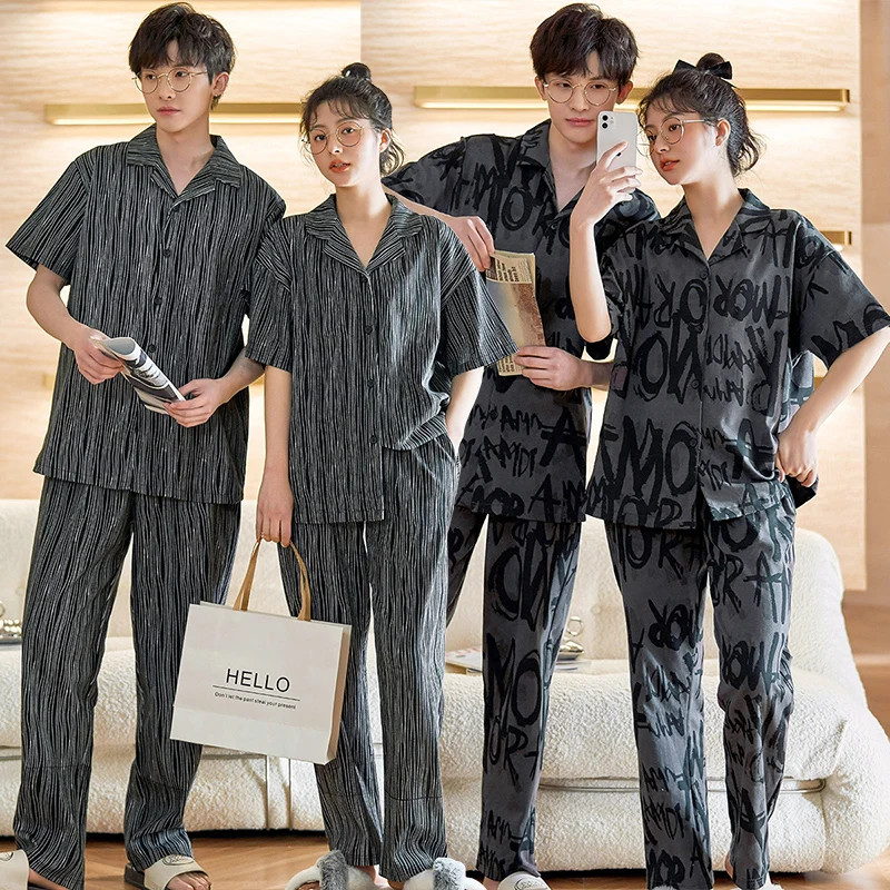 Spring Autumn Couple Cotton Short Sleeve Long Pants Pajama Set for Men Korean Loose Sleepwear Pyjama Women Homewear Home Clothes