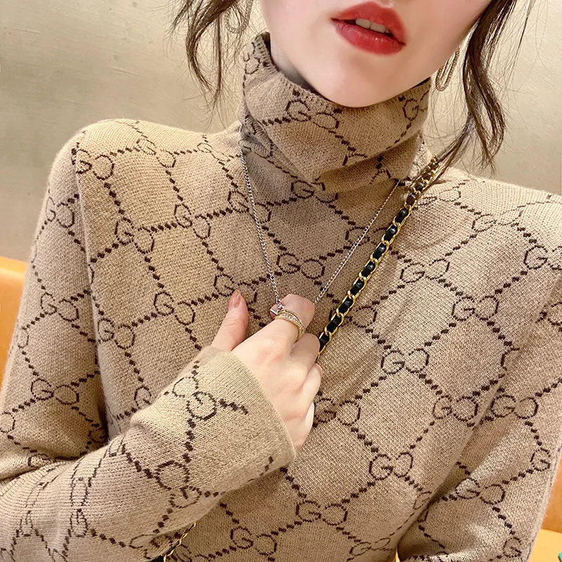 

Женский облегающий жаккардовый свитер в стиле ретро с высоким воротником и бриллиантами, Осень-зима 2022