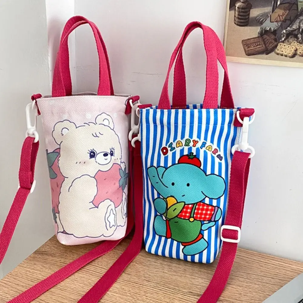 

Bear Cartoon Printed Water Bottle Case Simple Canvas Stripe Shoulder Bag Single Shoulder Lady