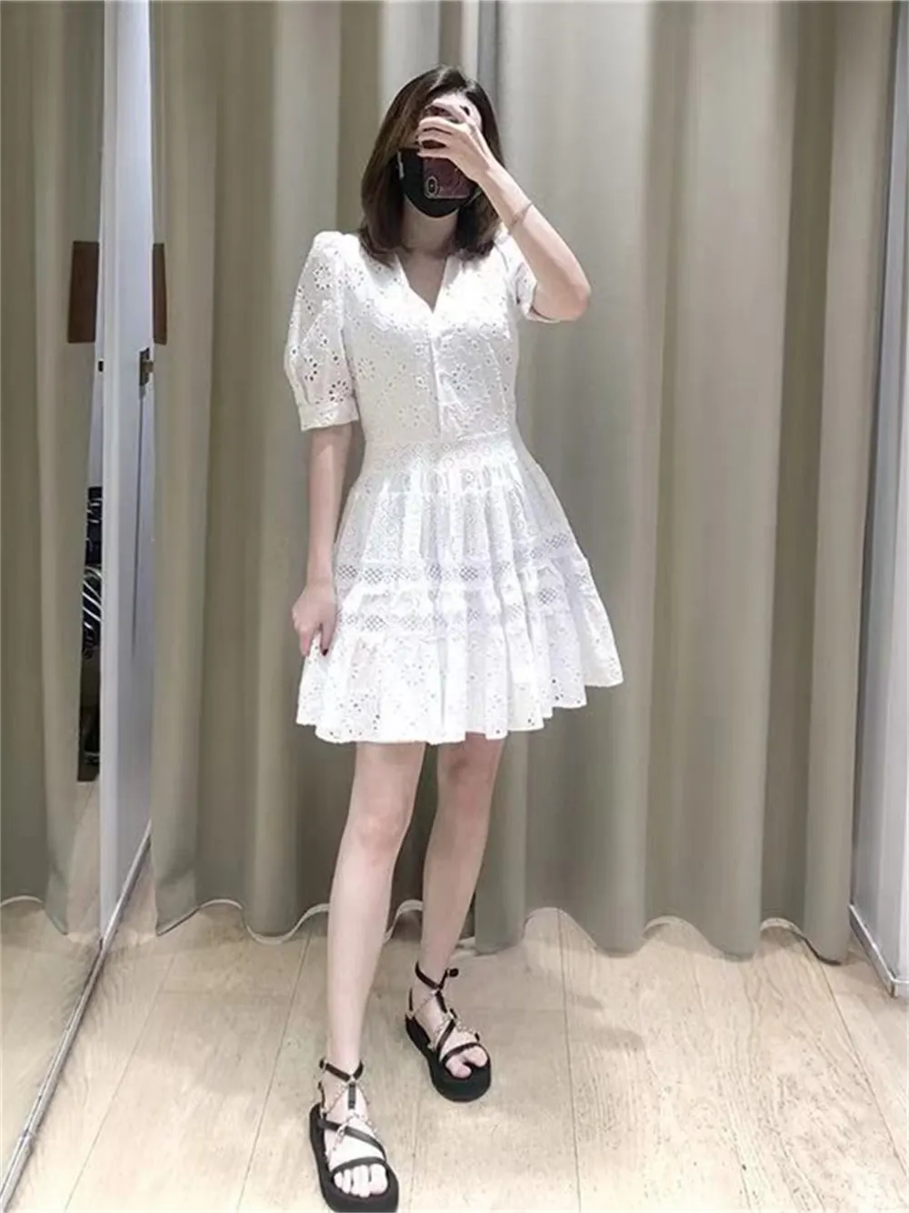 

Clearance Specials Ultra-Low Price Women Hook Lace V-Neck Hollowed Out Backless Short Sleeve Ruffled Trim Mini Dress