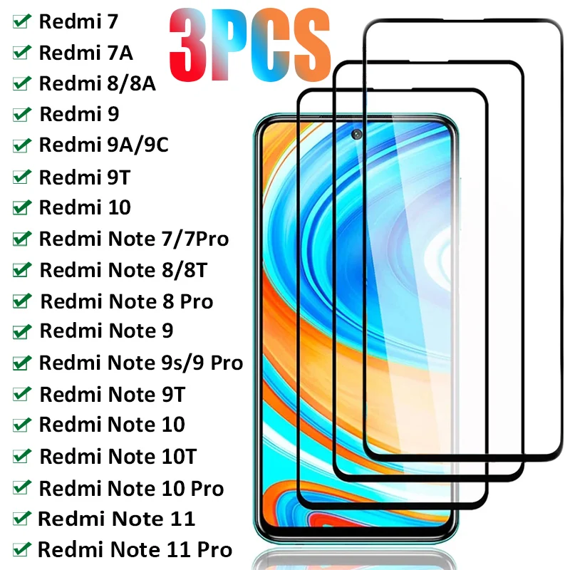 3PCS Full Tempered Glass For Xiaomi Redmi 8 8A 9 9A 9C 9T 10 Screen Protector Note 11 8T Pro 9S Film |