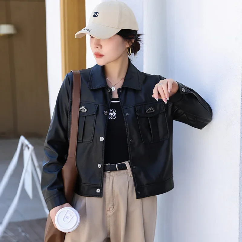 Blacklapel Leather Jacket Women's Fashionable Versatile Age-Reducing Motorcycle Cropped High-End Genuine