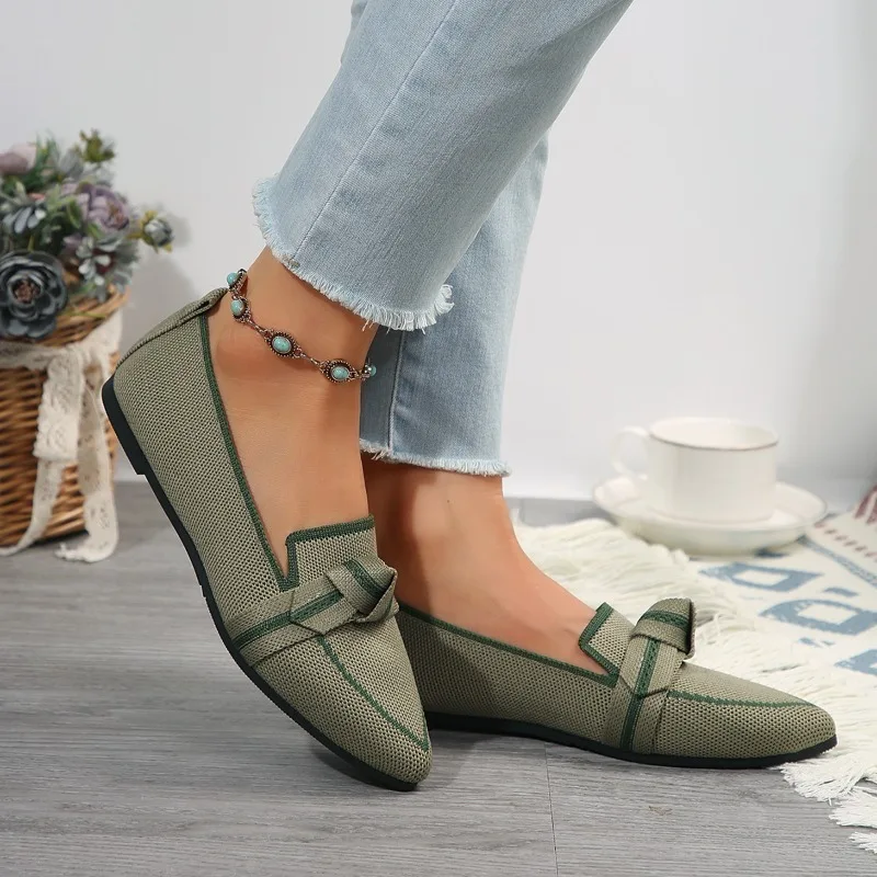 Женские лоферы на плоской подошве с бантом и острым носком сетчатая повседневная