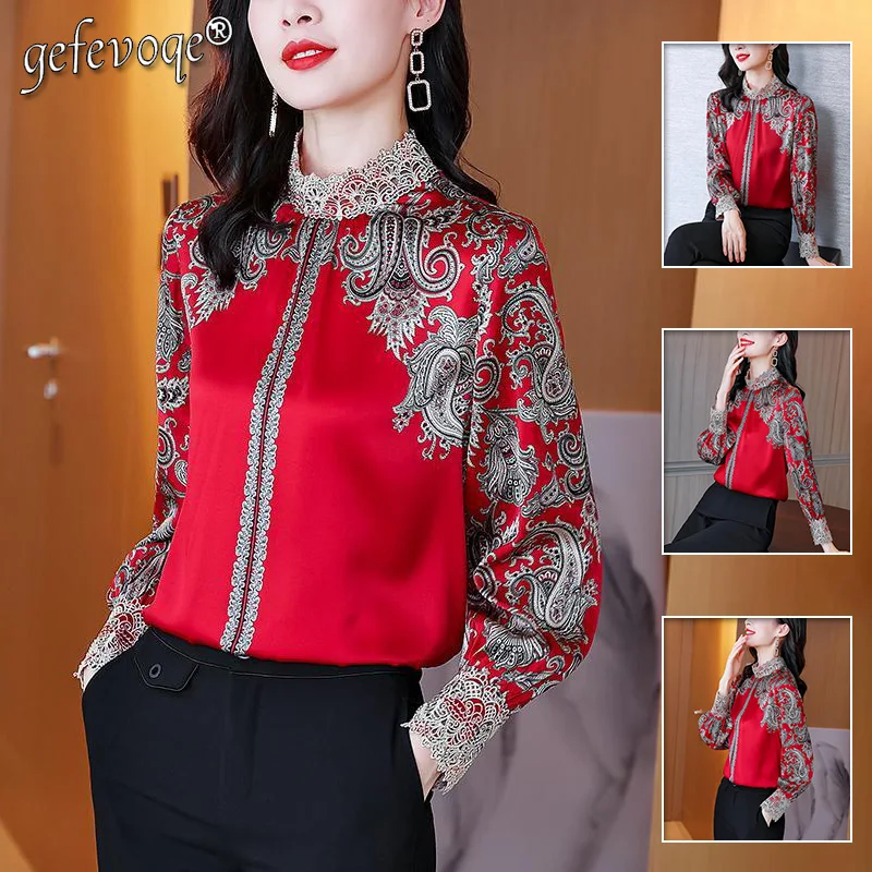 Vintage Elegant Fashion Lace Patchwork Printed Shirt Spring Autumn 2022 New Stand Collar Long Sleeve Loose Tops Women's Clothing